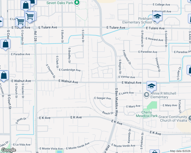 map of restaurants, bars, coffee shops, grocery stores, and more near 1344 East Vassar Avenue in Visalia