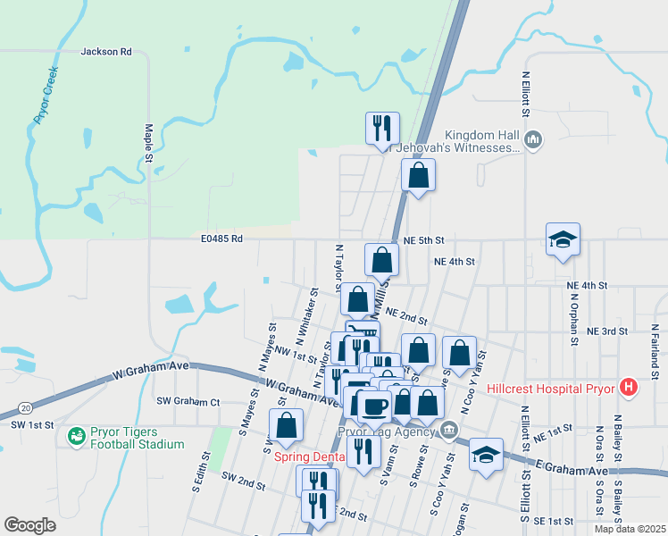 map of restaurants, bars, coffee shops, grocery stores, and more near 314 North Taylor Street in Pryor
