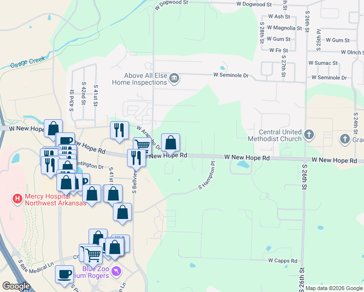 map of restaurants, bars, coffee shops, grocery stores, and more near 1810 South Prestwick Place in Rogers
