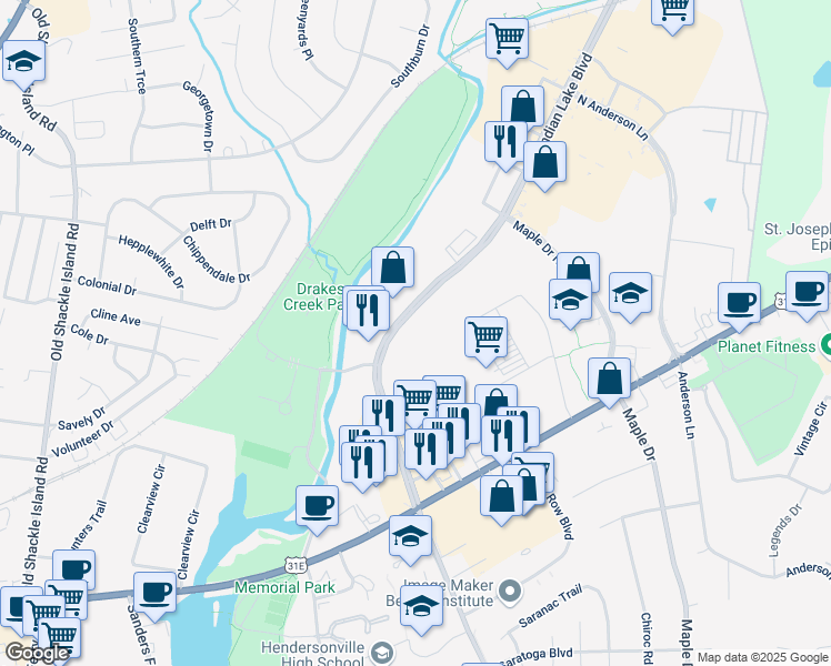 map of restaurants, bars, coffee shops, grocery stores, and more near 162 Indian Lake Boulevard in Hendersonville