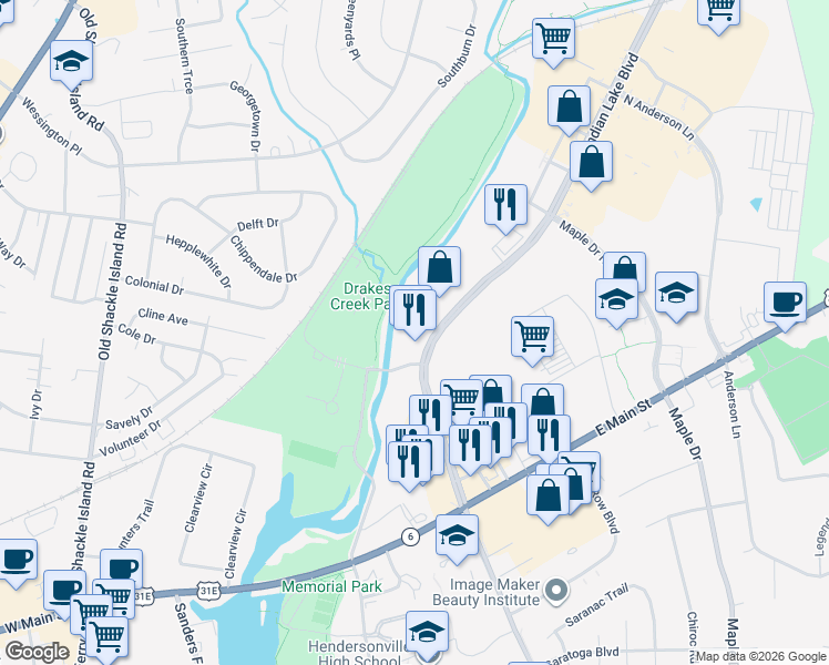 map of restaurants, bars, coffee shops, grocery stores, and more near 143 Indian Lake Boulevard in Hendersonville