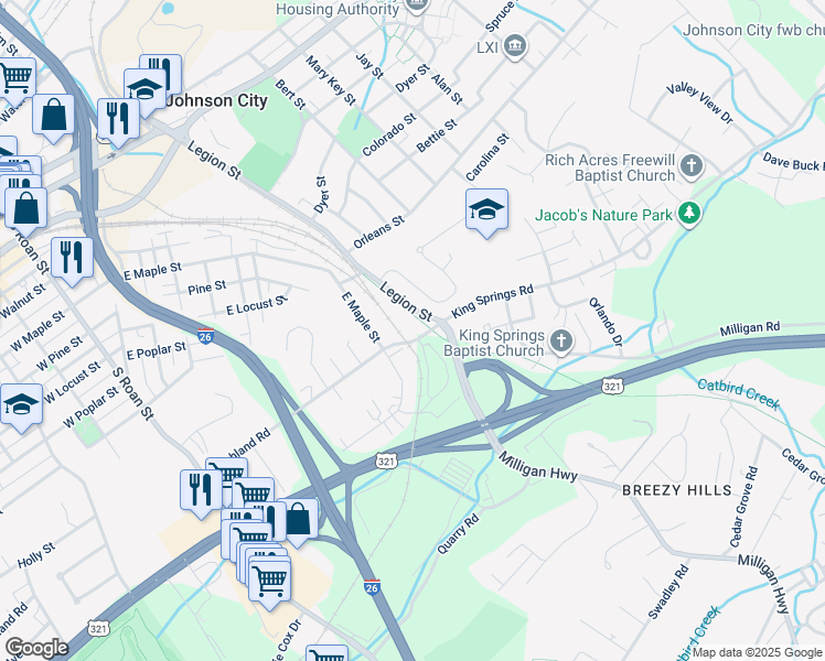 map of restaurants, bars, coffee shops, grocery stores, and more near 715 King Springs Road in Johnson City