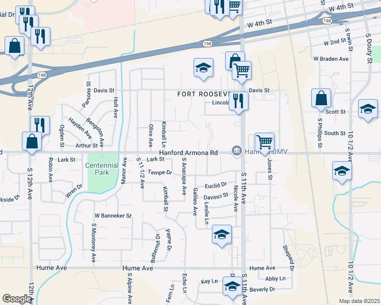 map of restaurants, bars, coffee shops, grocery stores, and more near 11214 Hanford Armona Road in Hanford