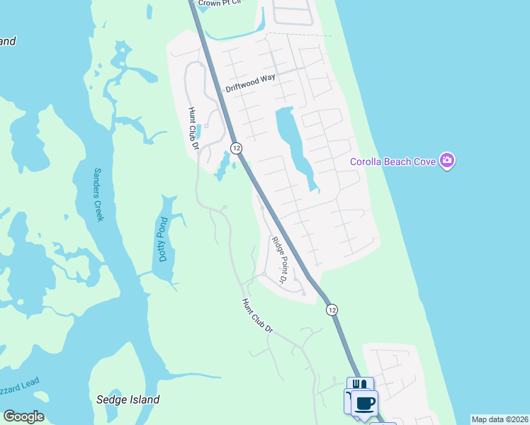 map of restaurants, bars, coffee shops, grocery stores, and more near 754 West Plover Court in Corolla