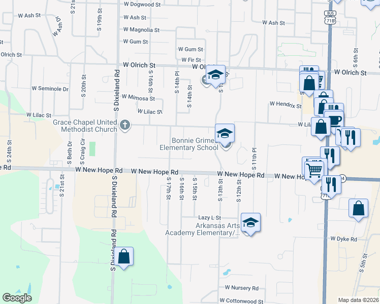 map of restaurants, bars, coffee shops, grocery stores, and more near 1818 South 14th Street in Rogers
