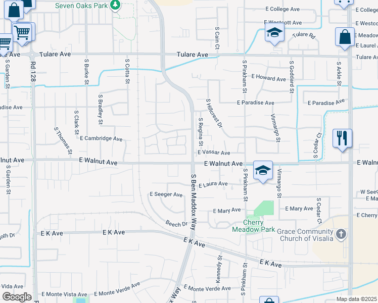 map of restaurants, bars, coffee shops, grocery stores, and more near 1912 South Cain Court in Visalia
