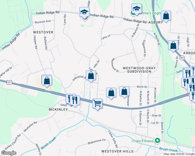map of restaurants, bars, coffee shops, grocery stores, and more near 147 Lynn Road in Johnson City