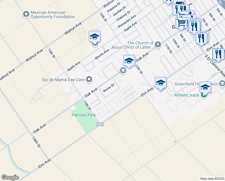 map of restaurants, bars, coffee shops, grocery stores, and more near 1256 Greenleaf Loop in Greenfield