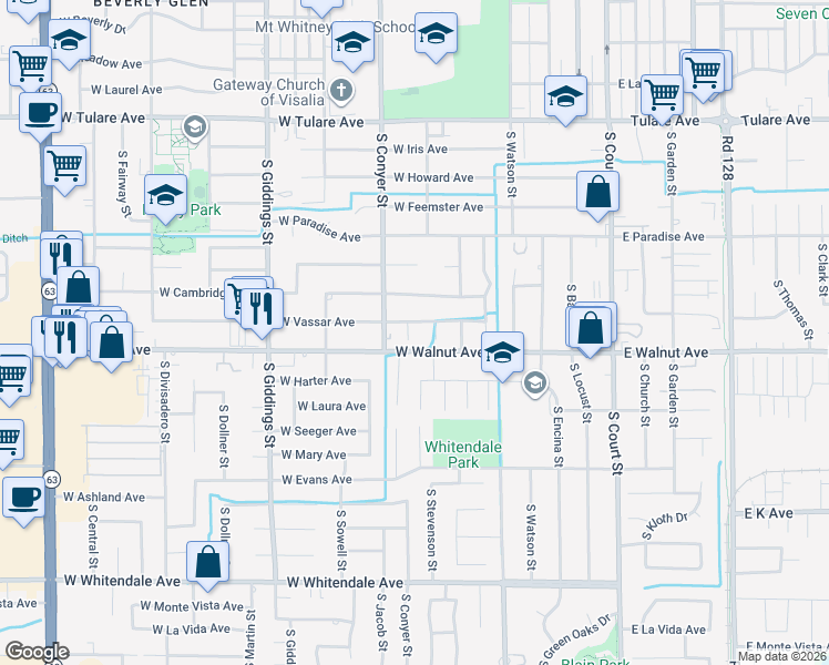 map of restaurants, bars, coffee shops, grocery stores, and more near 1914 South Stevenson Court in Visalia
