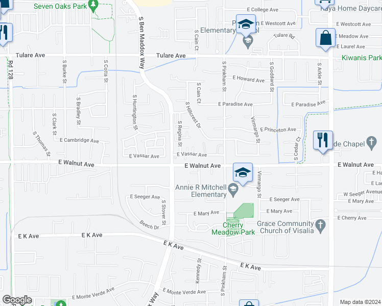 map of restaurants, bars, coffee shops, grocery stores, and more near 1838 East Vassar Avenue in Visalia