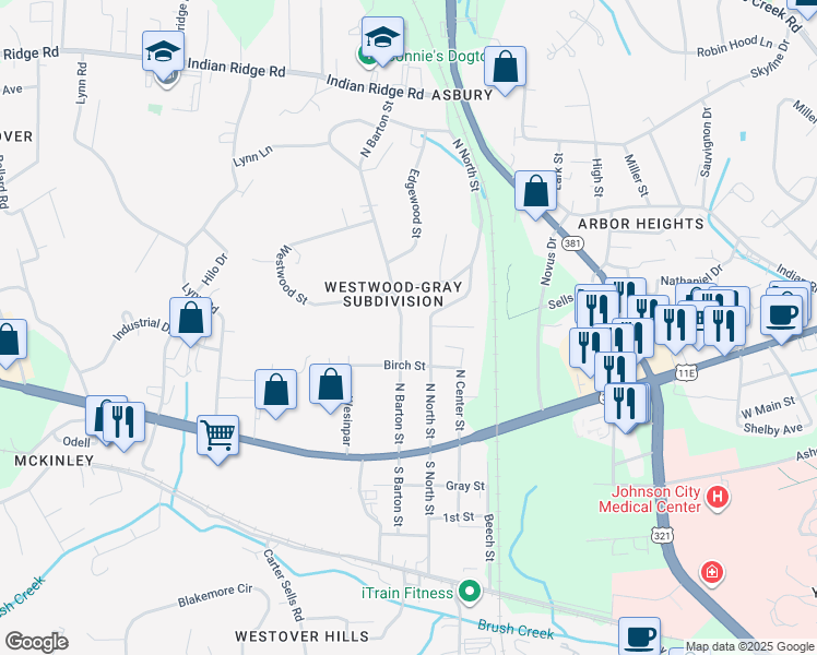 map of restaurants, bars, coffee shops, grocery stores, and more near 716 N Barton St in Johnson City
