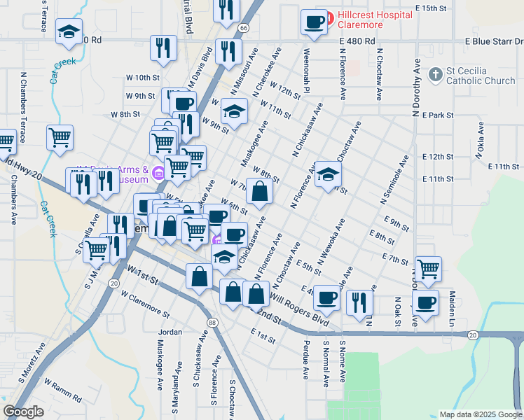 map of restaurants, bars, coffee shops, grocery stores, and more near 409 North Chickasaw Avenue in Claremore