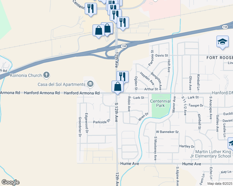 map of restaurants, bars, coffee shops, grocery stores, and more near W Hanford Armona Rd & S 12th Ave in Hanford