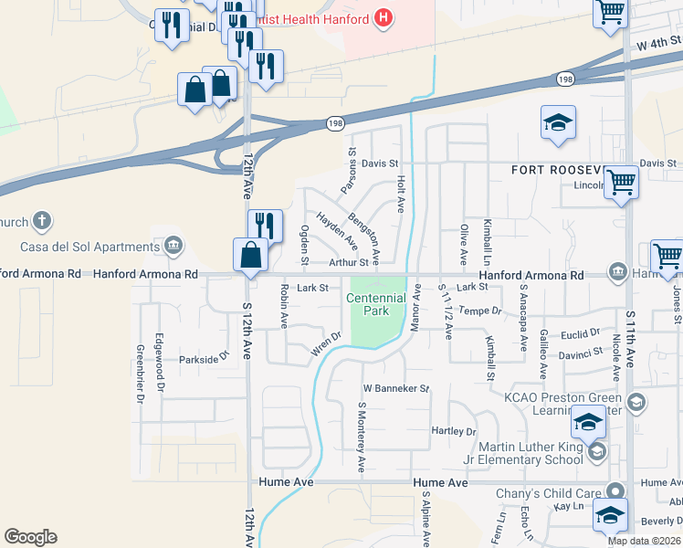map of restaurants, bars, coffee shops, grocery stores, and more near 11860 Hanford Armona Road in Hanford