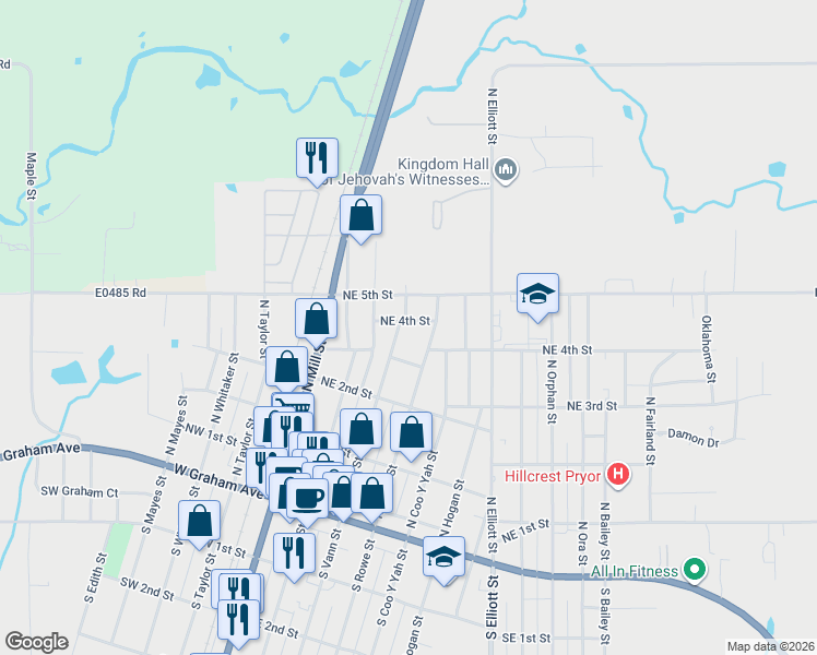 map of restaurants, bars, coffee shops, grocery stores, and more near 313 North Vann Street in Pryor