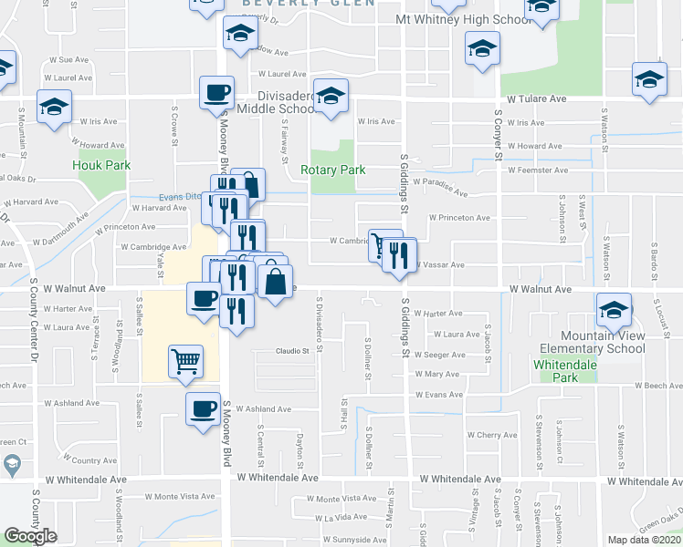 map of restaurants, bars, coffee shops, grocery stores, and more near 707 North O'Farrell Court in Visalia