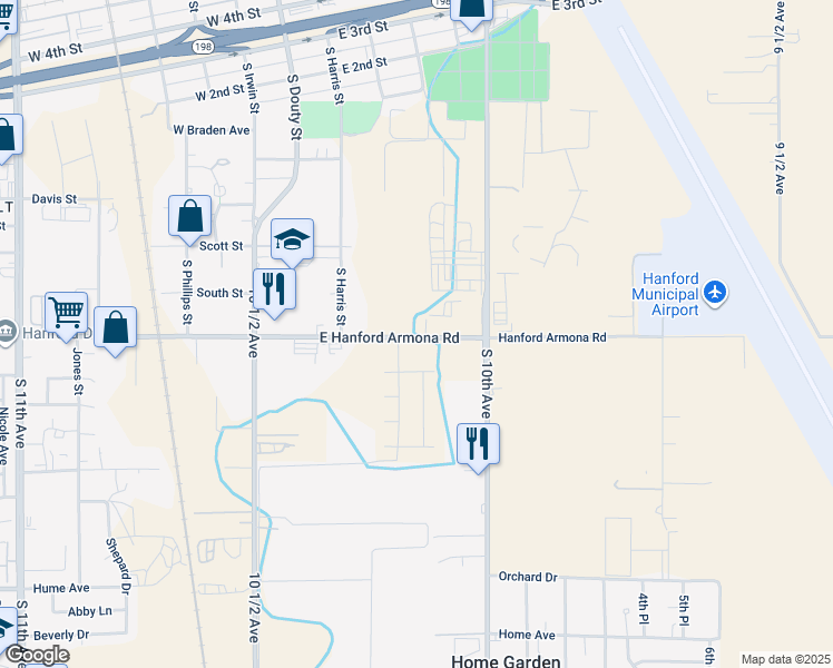 map of restaurants, bars, coffee shops, grocery stores, and more near 351 East Hanford Armona Road in Hanford