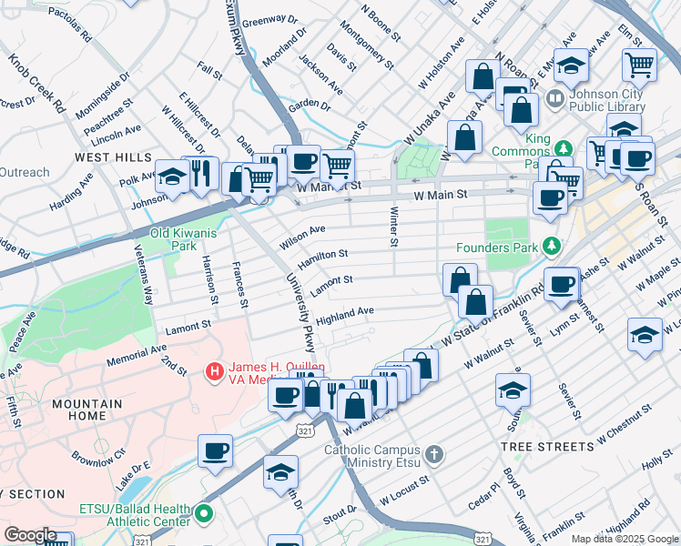 map of restaurants, bars, coffee shops, grocery stores, and more near 100 Hillcrest Drive in Johnson City