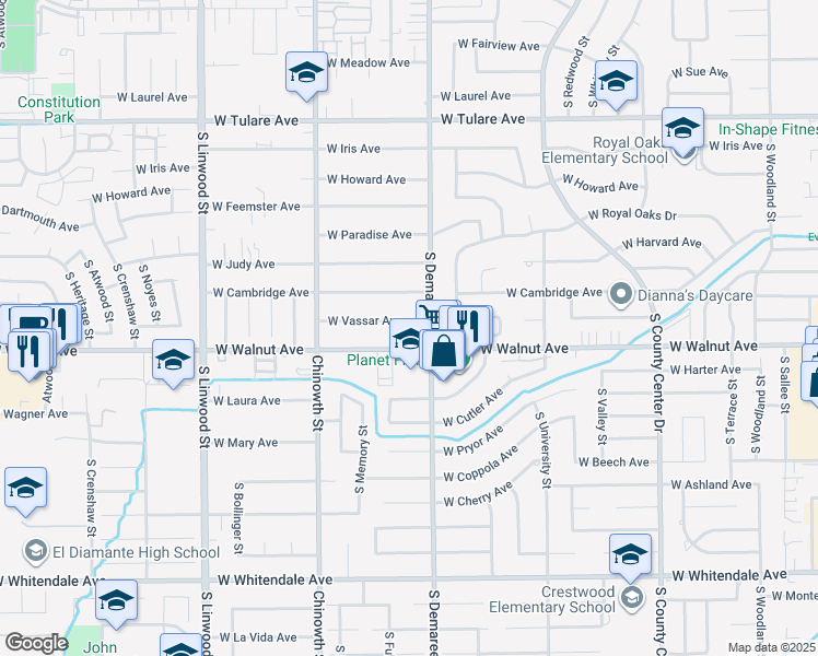 map of restaurants, bars, coffee shops, grocery stores, and more near 3733 West Vassar Avenue in Visalia