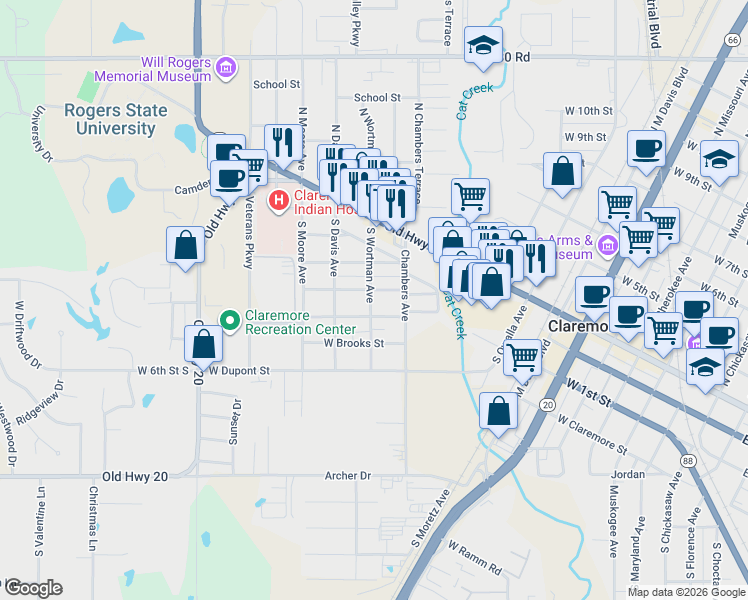 map of restaurants, bars, coffee shops, grocery stores, and more near 406 South Wortman Avenue in Claremore