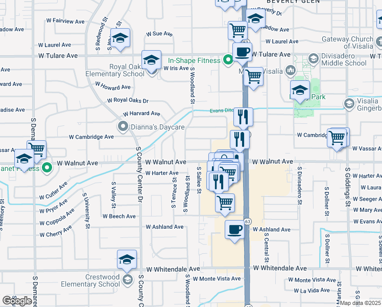 map of restaurants, bars, coffee shops, grocery stores, and more near 2509 West Vassar Avenue in Visalia