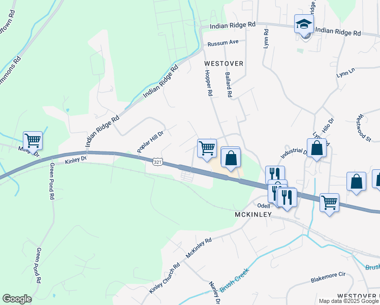 map of restaurants, bars, coffee shops, grocery stores, and more near 111 Faith Circle in Johnson City