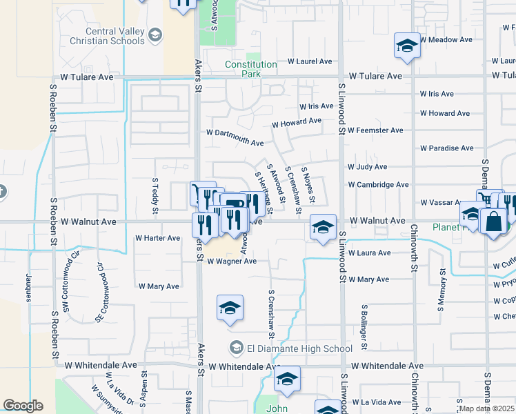 map of restaurants, bars, coffee shops, grocery stores, and more near 1910 South San Joaquin Drive in Visalia