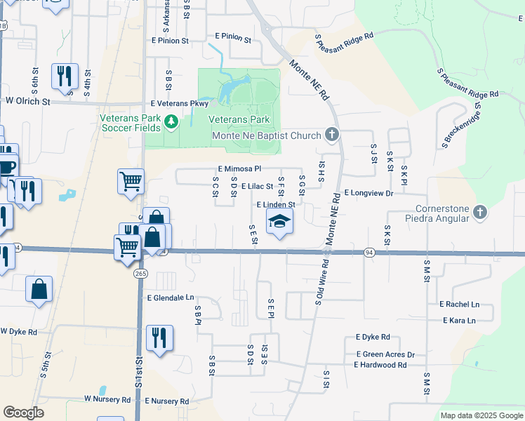 map of restaurants, bars, coffee shops, grocery stores, and more near 602 E Linden St in Rogers