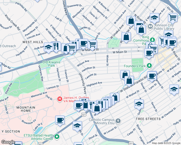 map of restaurants, bars, coffee shops, grocery stores, and more near 100 Hillcrest Drive in Johnson City