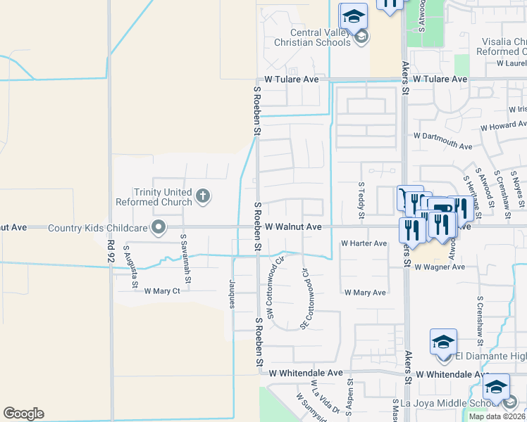 map of restaurants, bars, coffee shops, grocery stores, and more near 1911 South Anthony Court in Visalia