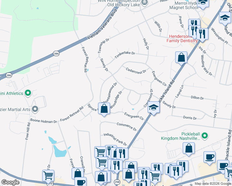 map of restaurants, bars, coffee shops, grocery stores, and more near 108 Woodridge Drive in Hendersonville