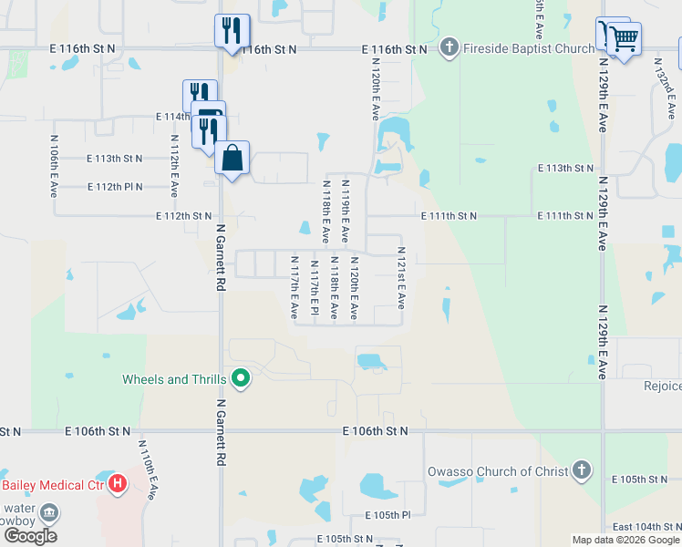 map of restaurants, bars, coffee shops, grocery stores, and more near 11005 North 118th East Avenue in Owasso