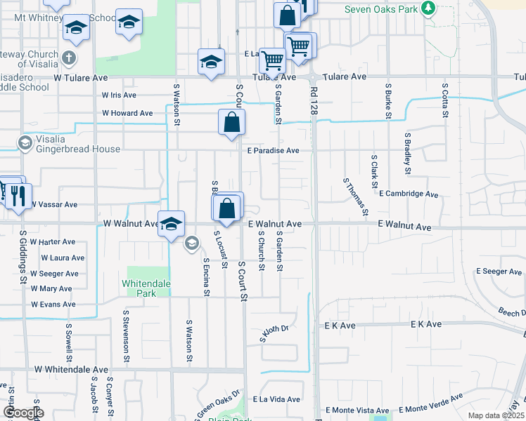 map of restaurants, bars, coffee shops, grocery stores, and more near 1918 South Court Street in Visalia
