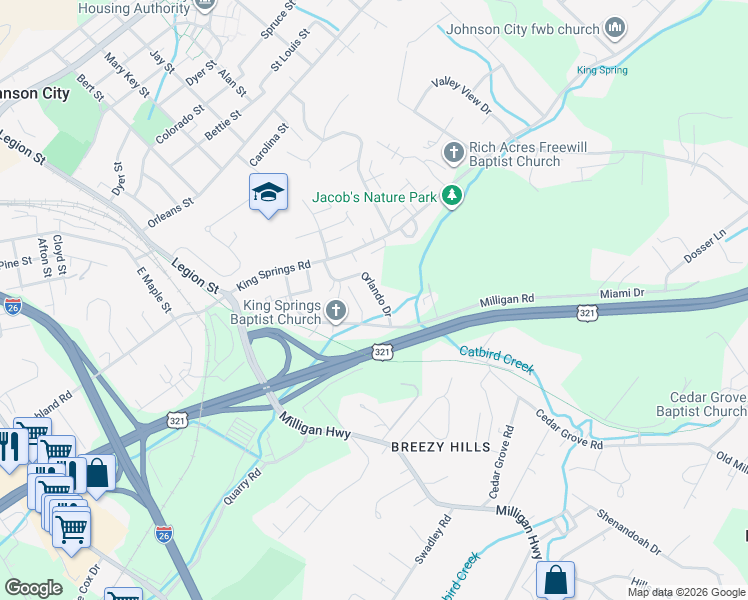 map of restaurants, bars, coffee shops, grocery stores, and more near 1714 Orlando Drive in Johnson City