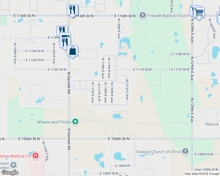 map of restaurants, bars, coffee shops, grocery stores, and more near 11005 North 118th East Avenue in Owasso