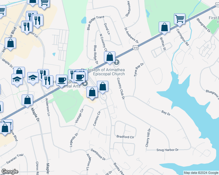 map of restaurants, bars, coffee shops, grocery stores, and more near 410 Windsor Park Lane in Hendersonville