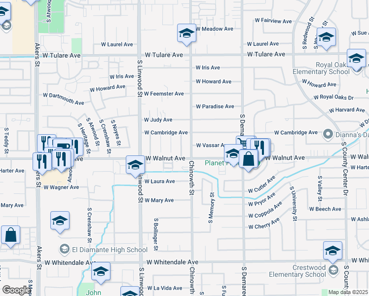 map of restaurants, bars, coffee shops, grocery stores, and more near 1908 South Pride Street in Visalia