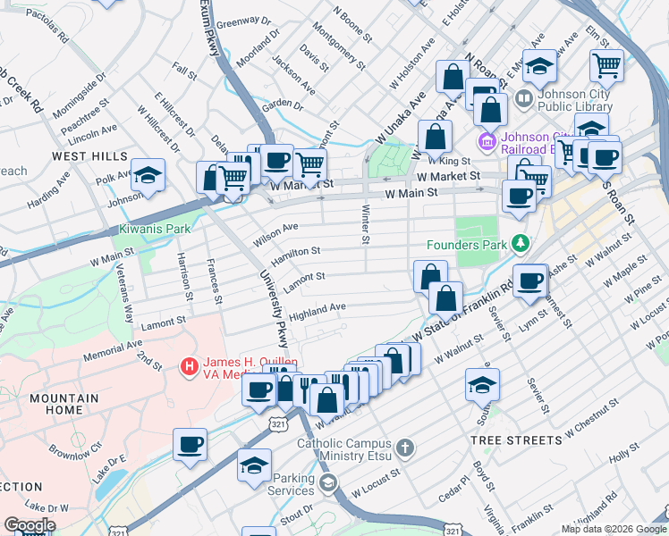 map of restaurants, bars, coffee shops, grocery stores, and more near 416 Lamont Street in Johnson City