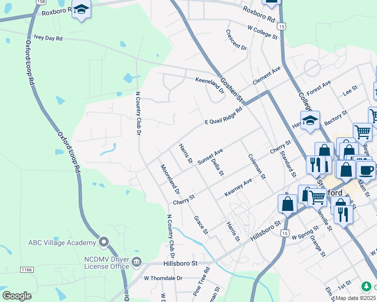 map of restaurants, bars, coffee shops, grocery stores, and more near 504 Harris Street in Oxford