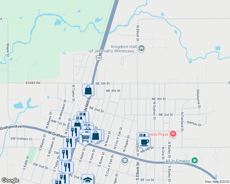 map of restaurants, bars, coffee shops, grocery stores, and more near 313 North Vann Street in Pryor