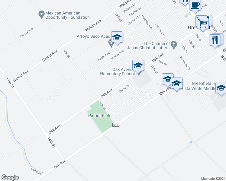 map of restaurants, bars, coffee shops, grocery stores, and more near 1289 Greenleaf Loop in Greenfield