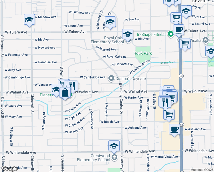 map of restaurants, bars, coffee shops, grocery stores, and more near 3043 West Vassar Avenue in Visalia
