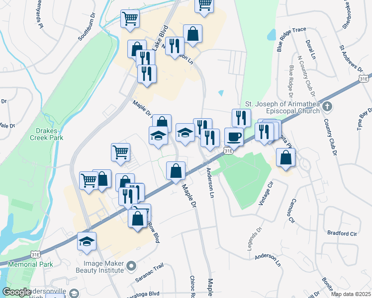 map of restaurants, bars, coffee shops, grocery stores, and more near 130 Maple Drive North in Hendersonville