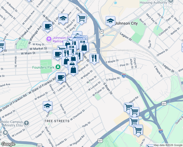 map of restaurants, bars, coffee shops, grocery stores, and more near 107 W Maple St in Johnson City