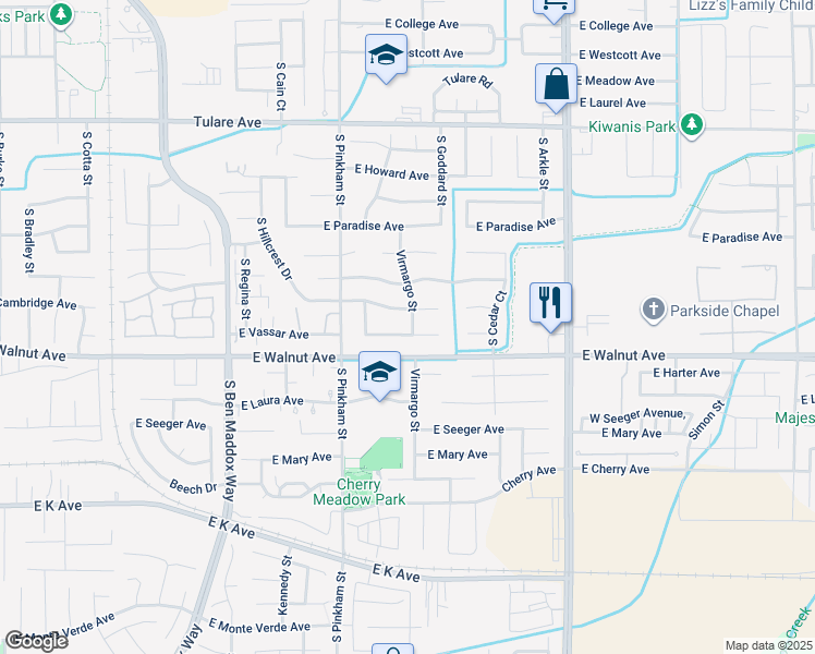 map of restaurants, bars, coffee shops, grocery stores, and more near 2322 East Vassar Avenue in Visalia