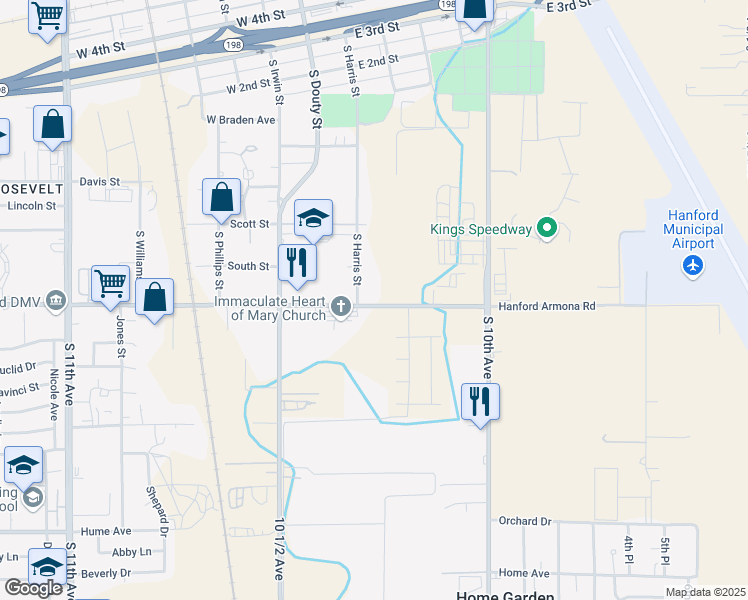map of restaurants, bars, coffee shops, grocery stores, and more near 240 East Hanford Armona Road in Hanford