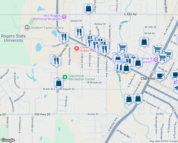 map of restaurants, bars, coffee shops, grocery stores, and more near 1321 West Quarles Street in Claremore