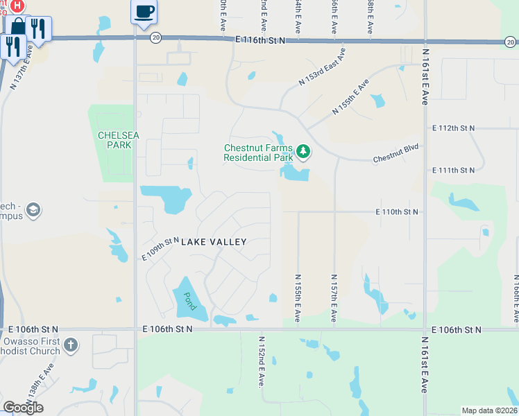 map of restaurants, bars, coffee shops, grocery stores, and more near 15204 East 110th Street North in Owasso