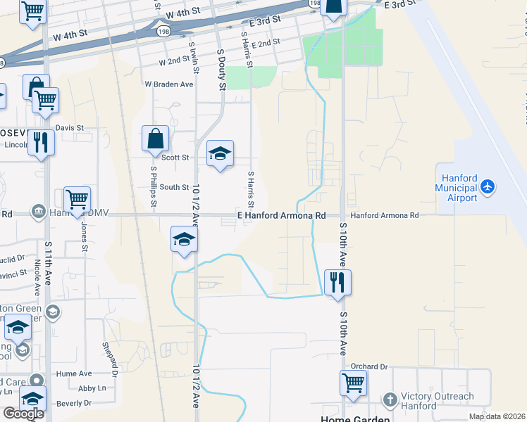 map of restaurants, bars, coffee shops, grocery stores, and more near 240 East Hanford Armona Road in Hanford