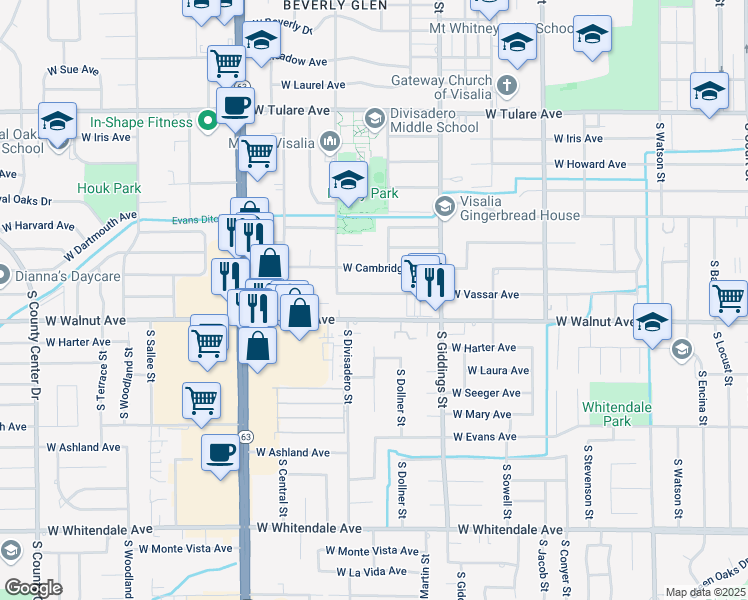 map of restaurants, bars, coffee shops, grocery stores, and more near 1527 West Vassar Avenue in Visalia